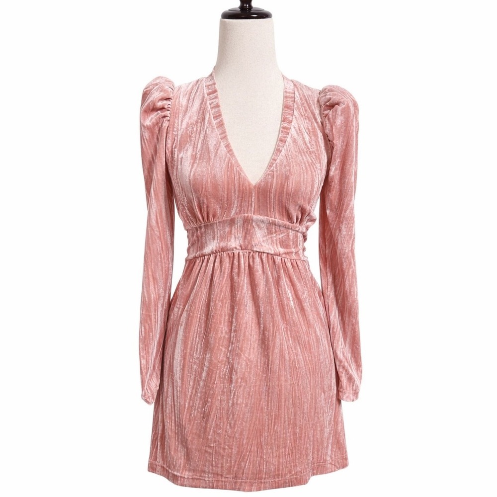 Rachel Parcell Bridal‎ Rose Pink Crinkle Velvet V-Neck Puff Sleeve Mini Dress 0